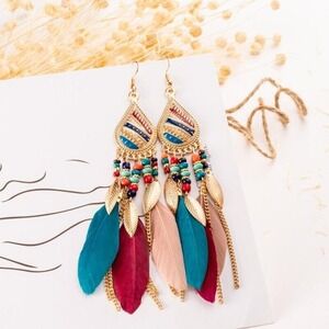 Feather Boho Rice Bead Stud Long Waterdrop Tassel Earrings Hook Boho Ethic Danly